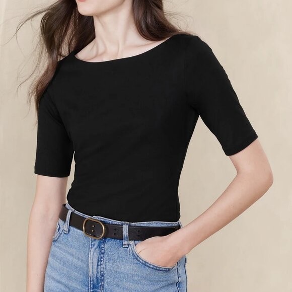 Banana Republic Soft Stretch Elbow Sleeve Top Black size Medium - Picture 1 of 9